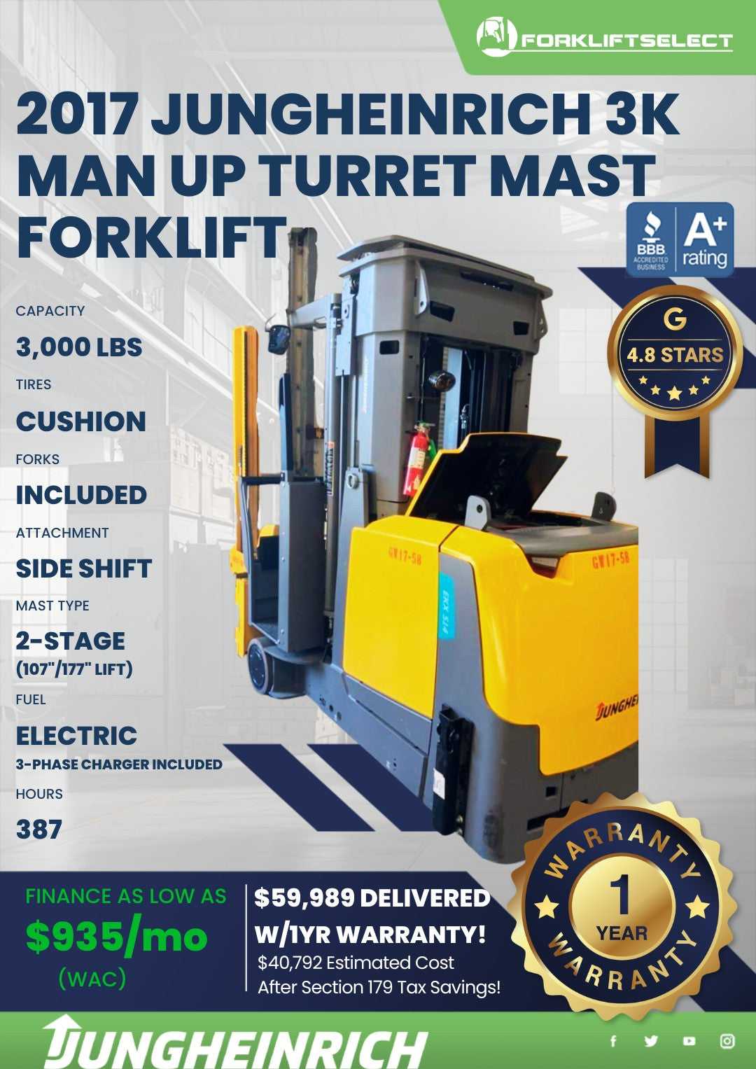 2017 Jungheinrich 3K Cushion Tire Forklift
