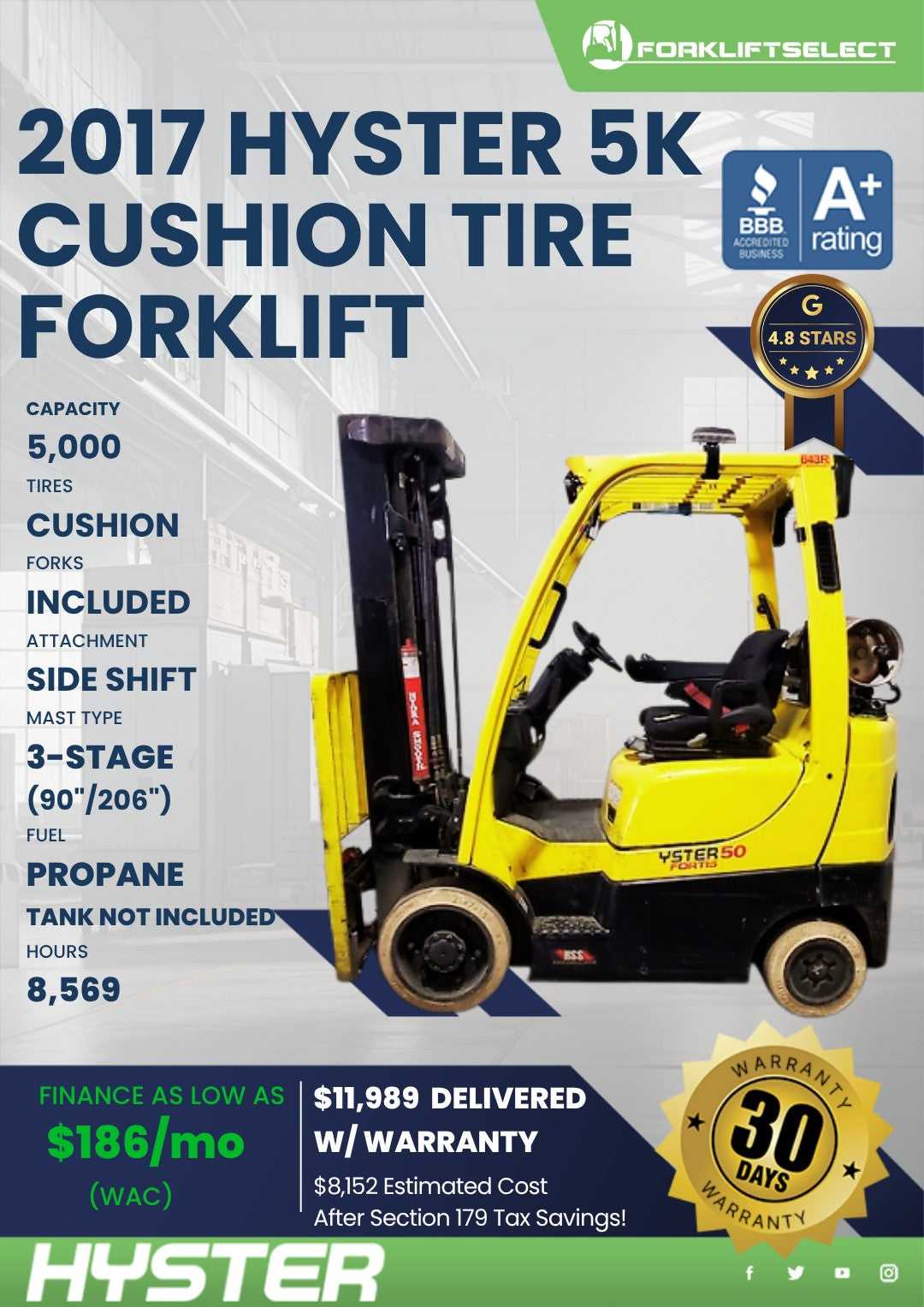 2017 Hyster 5K Cushion Tire Forklif...