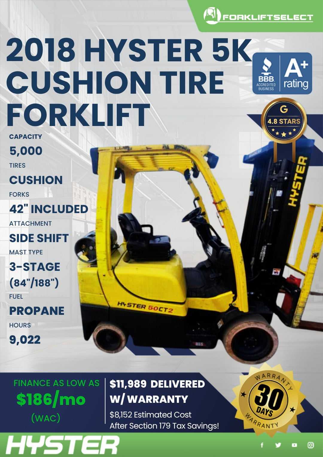 2018 Hyster 5K Cushion Tire Forklif...