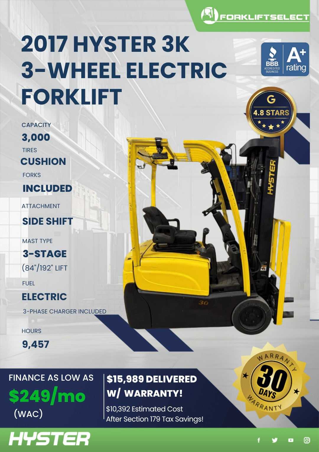 2017 Hyster 3K Cushion Tire Forklif...