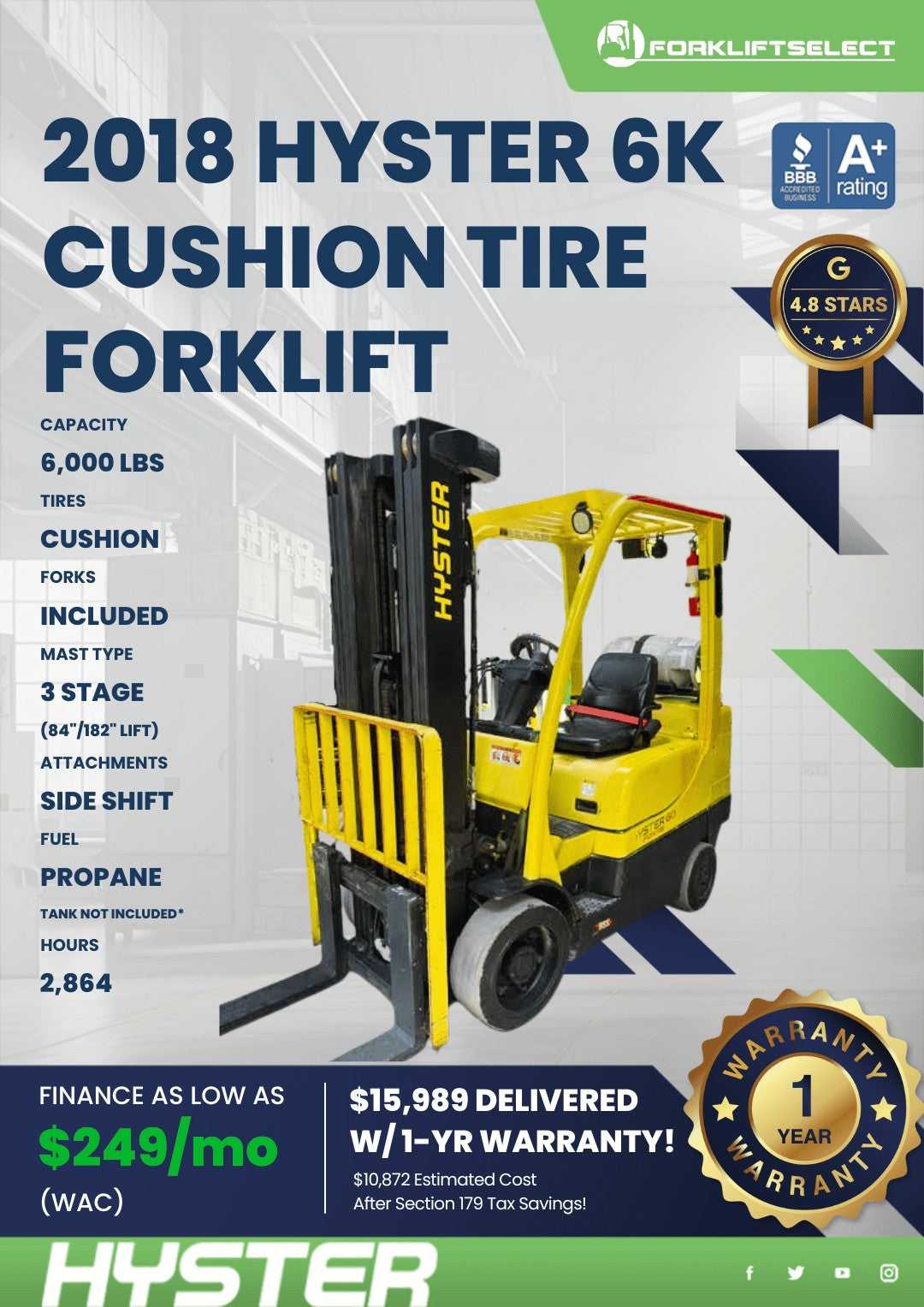 2018 Hyster 6K Cushion Tire Forklif...