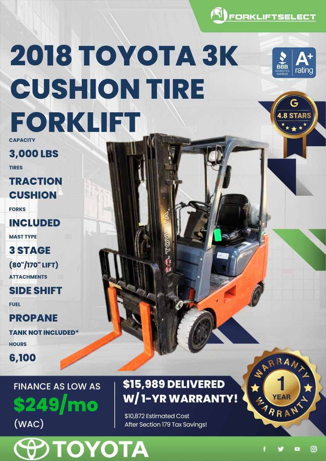 2018 Toyota 3K Cushion Tire Forklif...