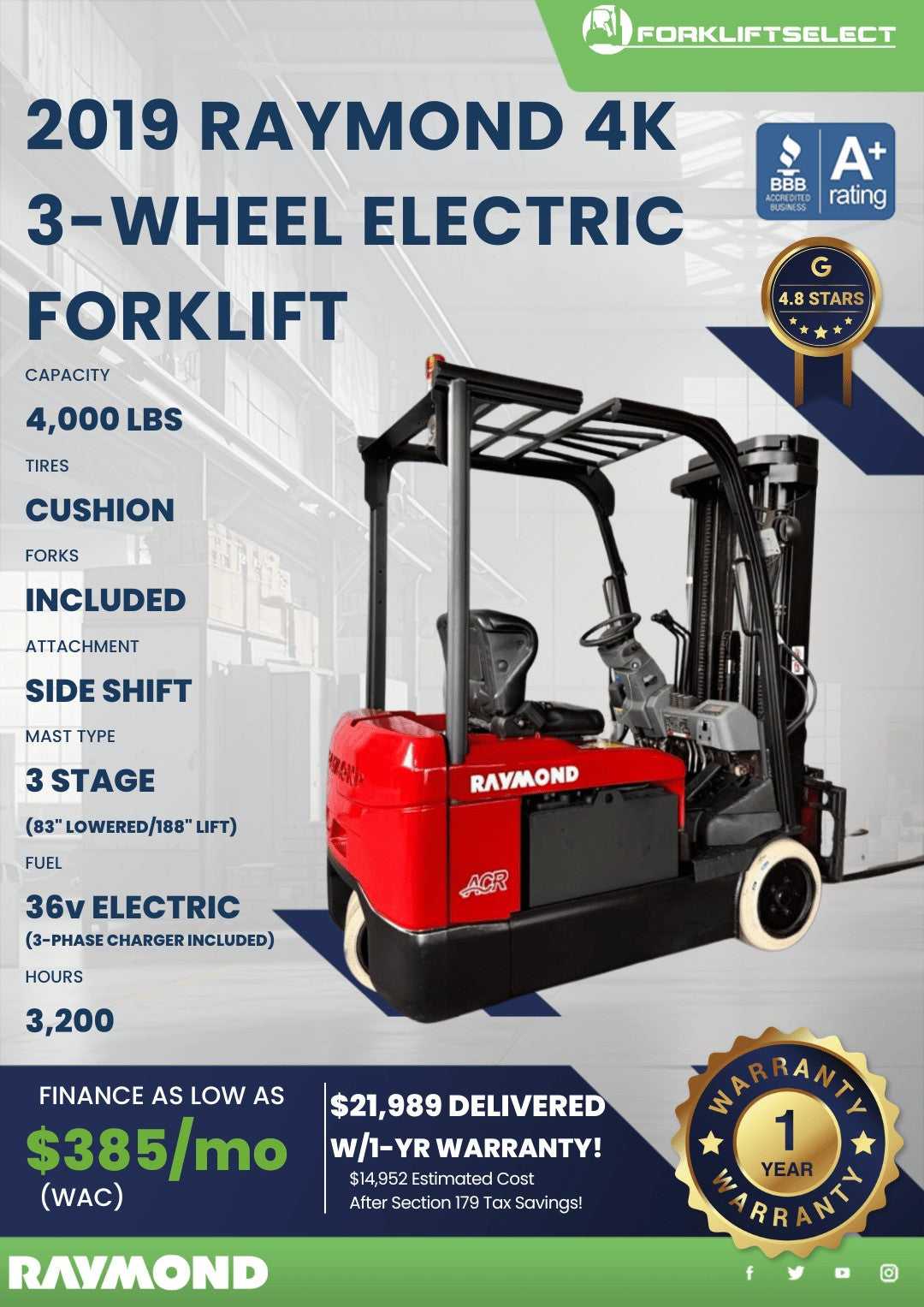 2019 Raymond 4K Cushion Tire Forkli...
