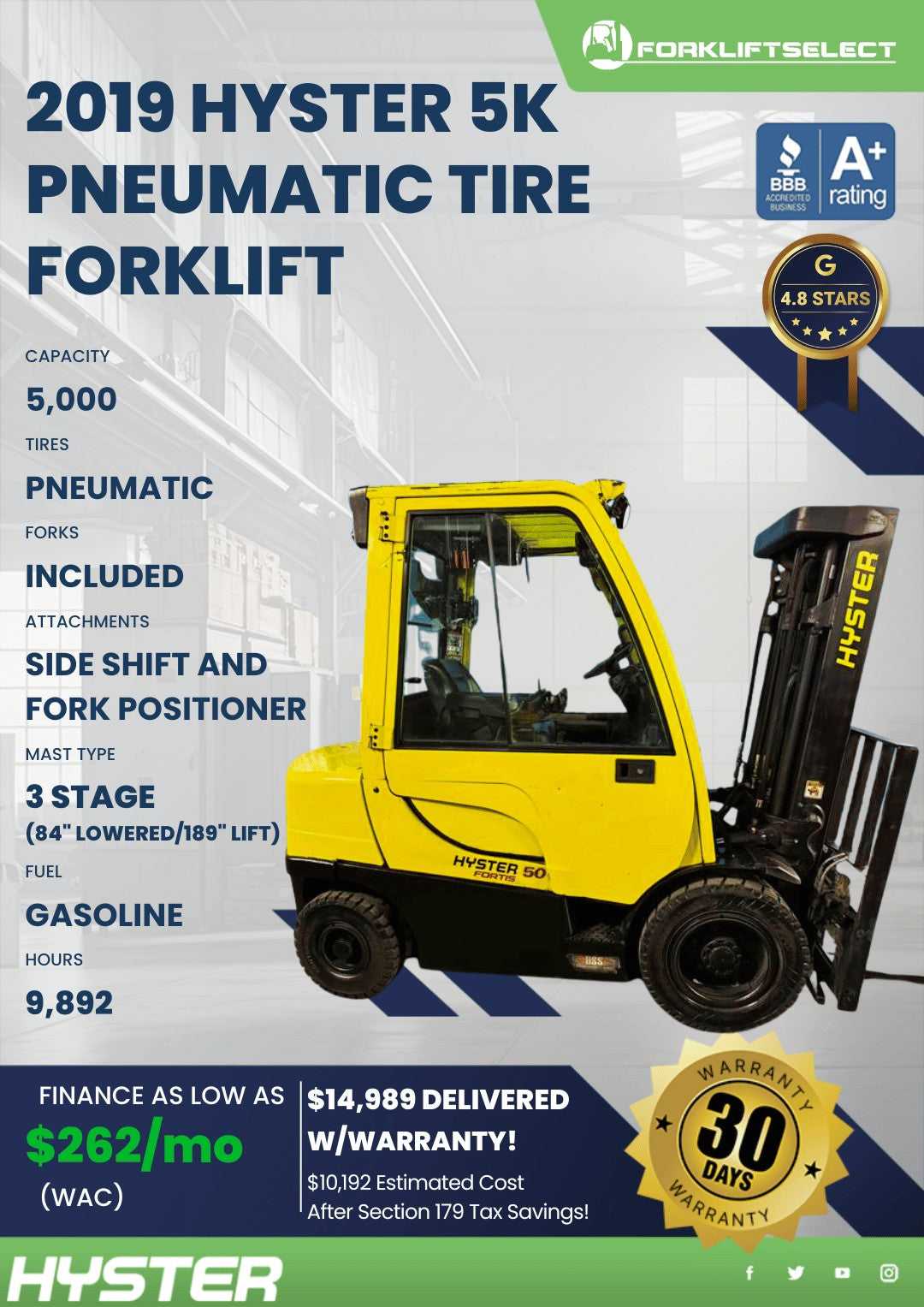 2019 Hyster 5K Pneumatic Tire Forkl...