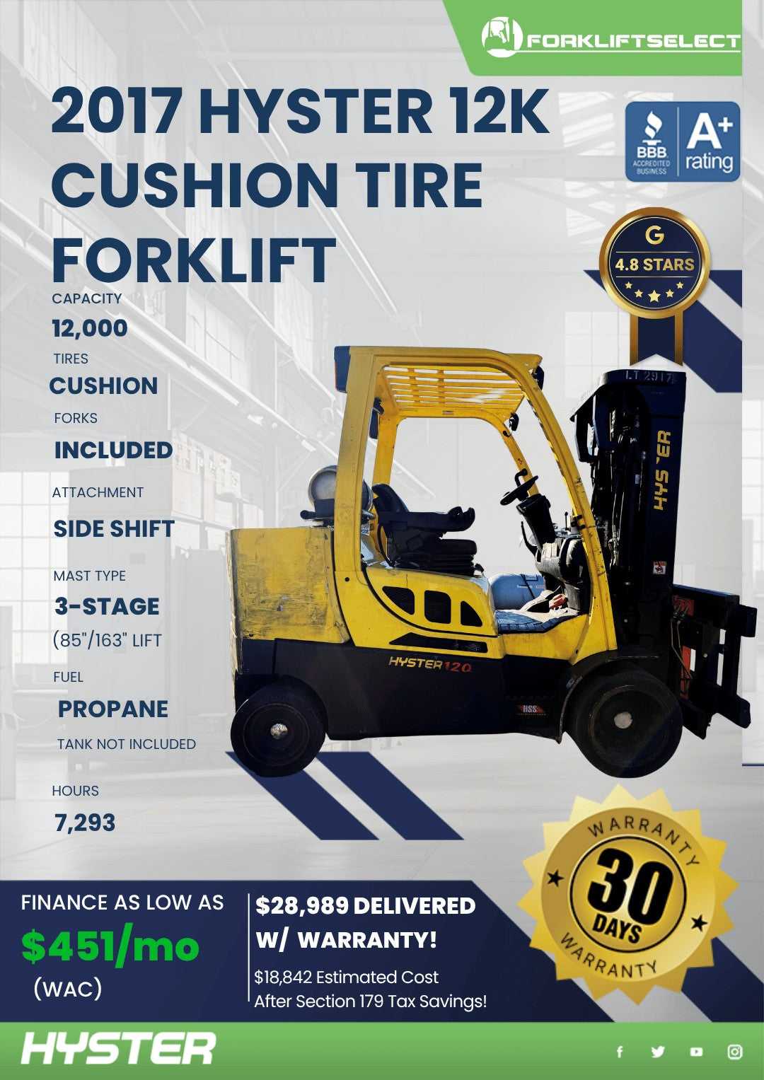 2017 Hyster 12K Cushion Tire Forkli...