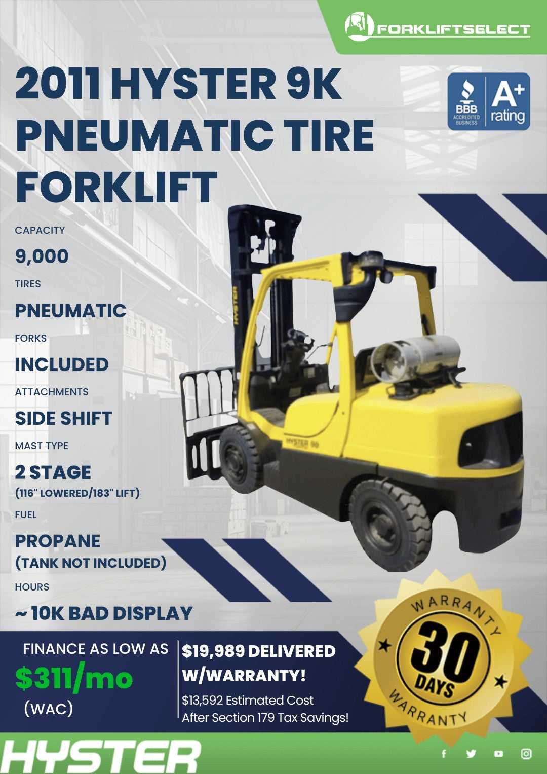 2011 Hyster 9K Pneumatic Tire Forkl...