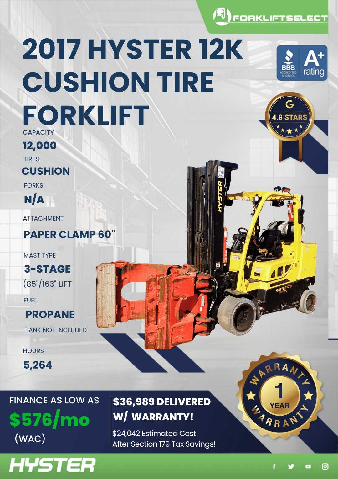 2017 Hyster 12K Cushion Tire Forkli...