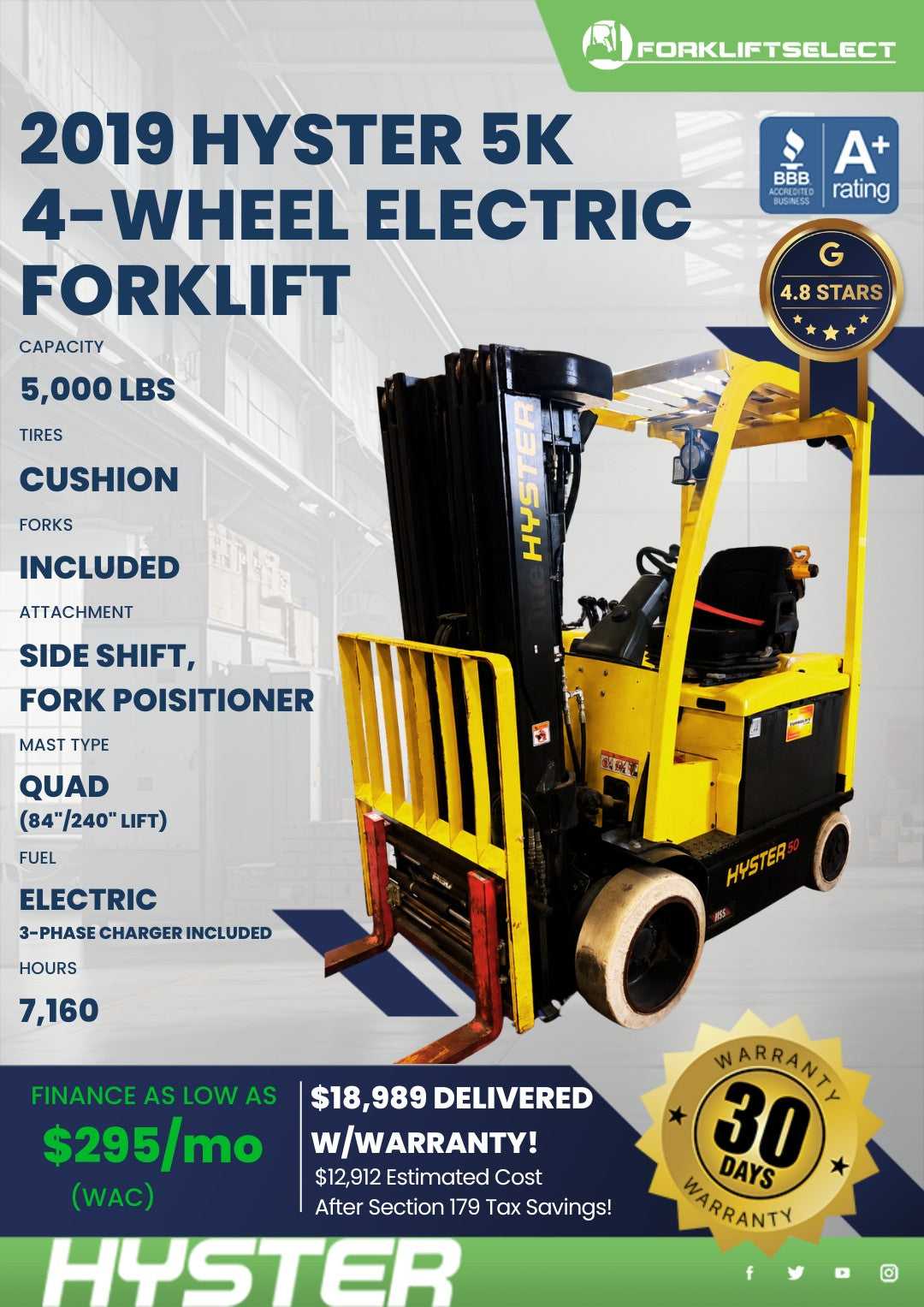 2019 Hyster 5K Cushion Tire Forklif...