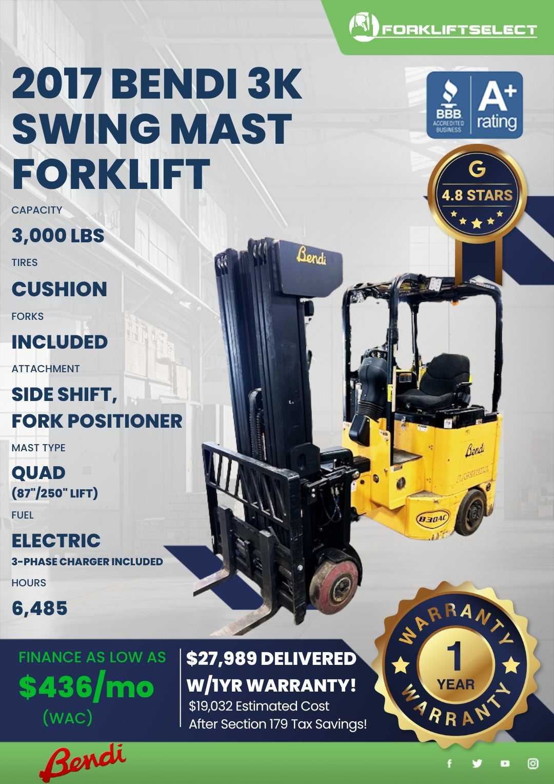 2017 Bendi 3K Cushion Tire Forklift...