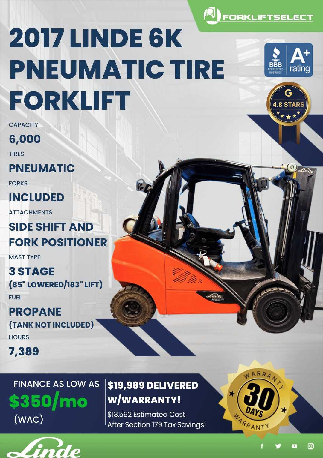 2017 Linde 6K Pneumatic Tire Forkli...