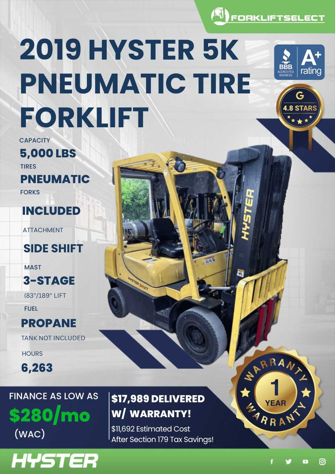 2019 Hyster 5K Pneumatic Tire Forkl...