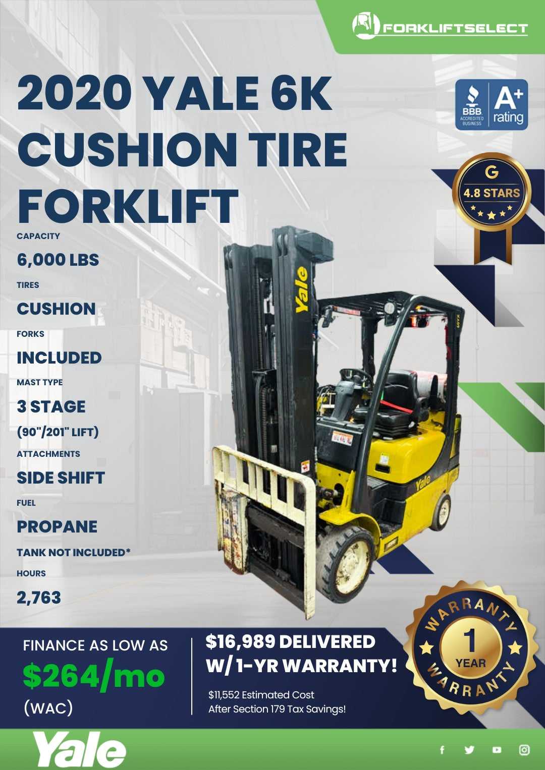 2020 Yale 6K Cushion Tire Forklift