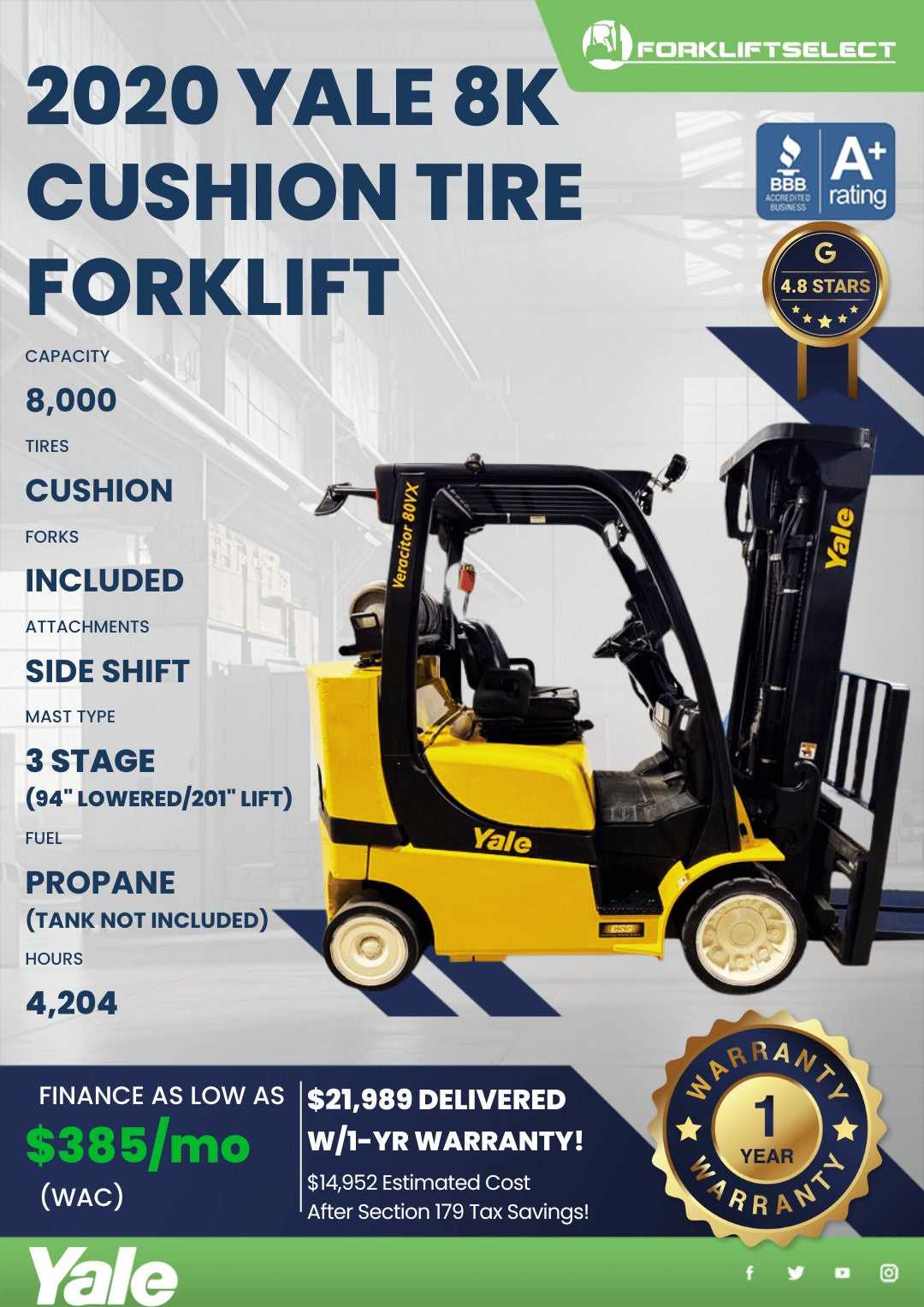 2020 Yale 8K Cushion Tire Forklift