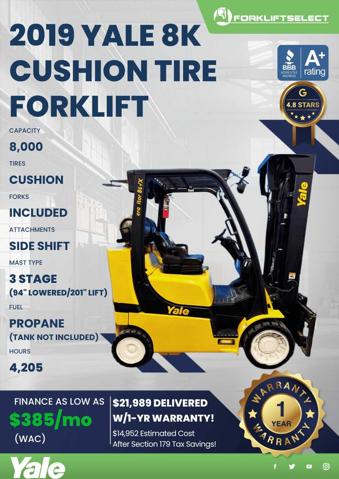 2019 Yale 8K Cushion Tire Forklift