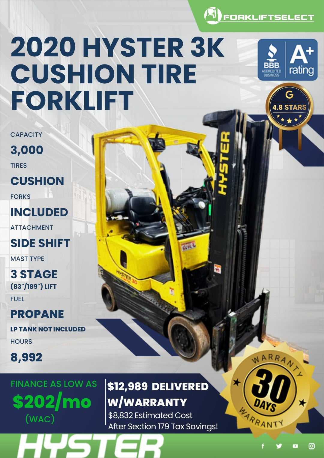 2020 Hyster 3K Cushion Tire Forklif...