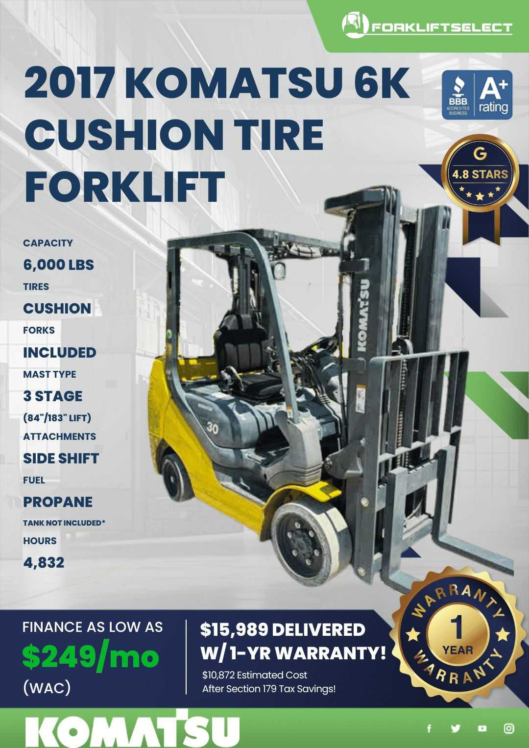 2017 Komatsu 6K Cushion Tire Forklift