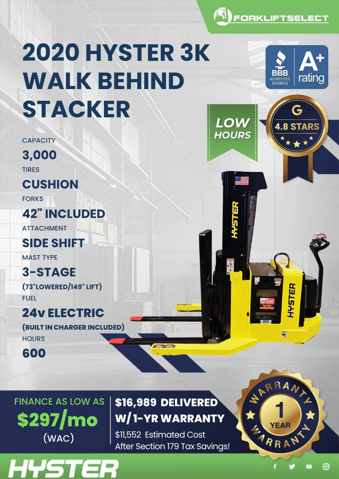 2020 Hyster 3K Cushion Tire Forklif...
