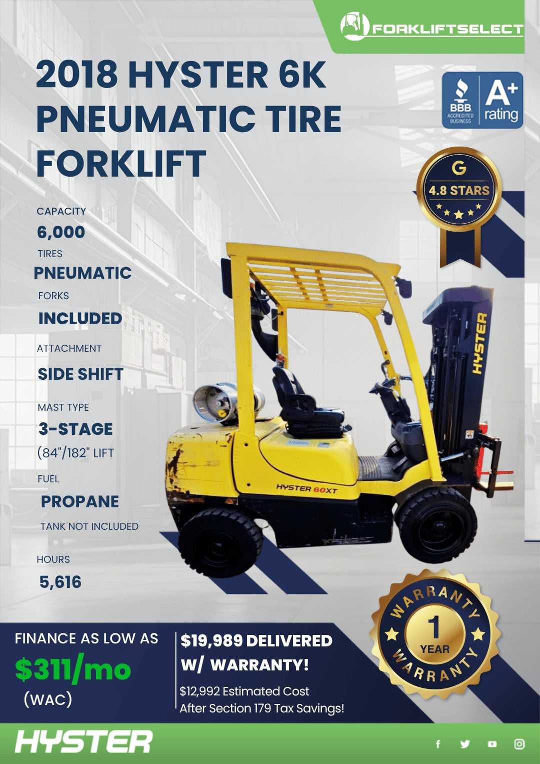 2018 Hyster 6K Pneumatic Tire Forkl...