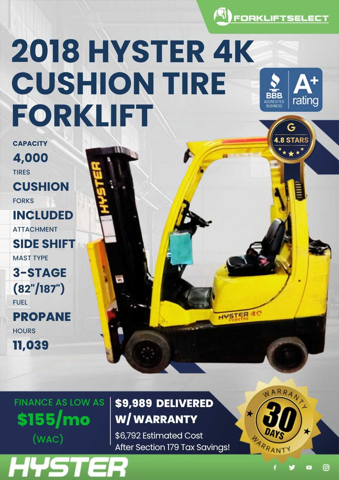 2018 Hyster 4K Cushion Tire Forklif...