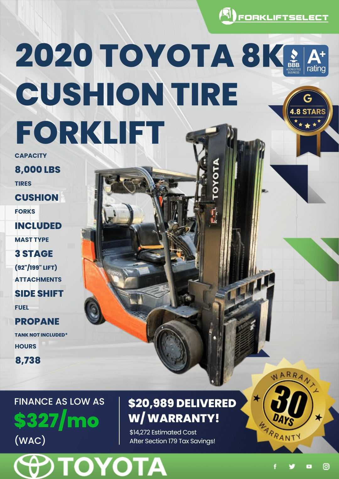 2020 Toyota 8K Cushion Tire Forklif...