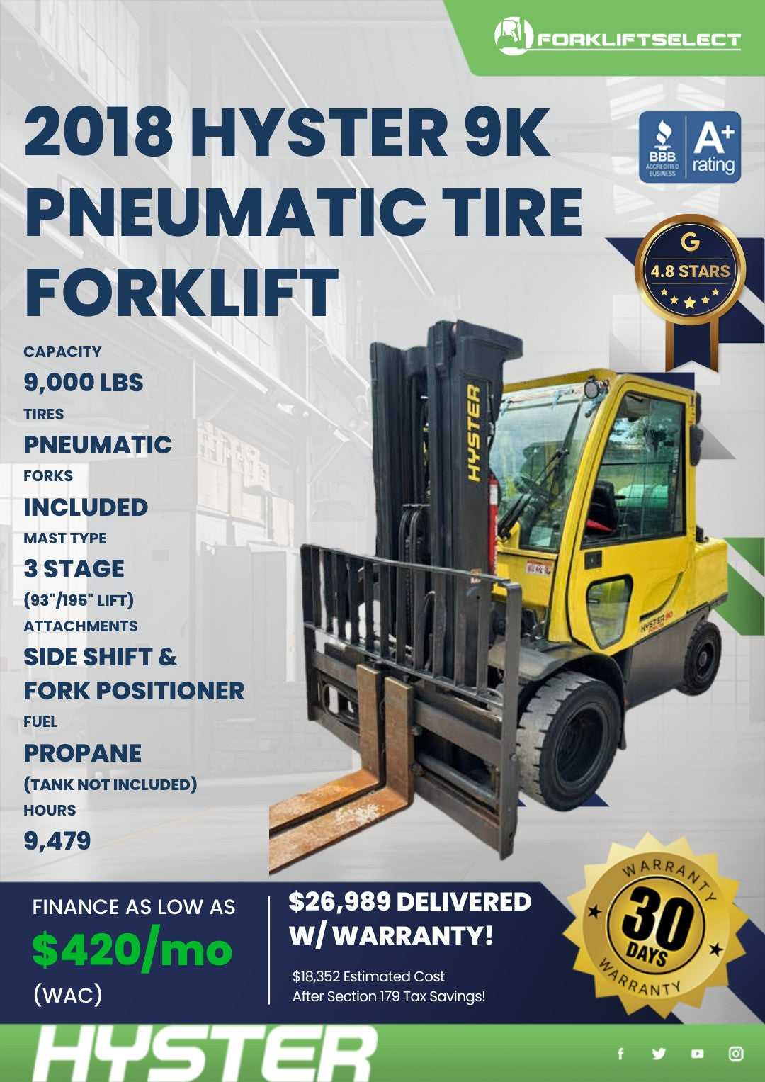 2018 Hyster 9K Pneumatic Tire Forkl...