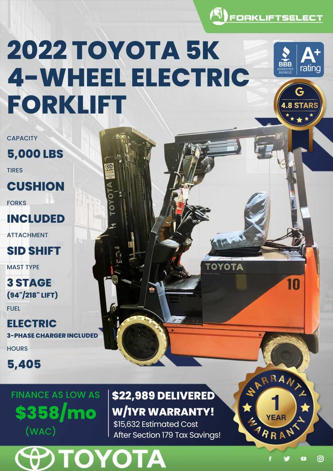 2022 Toyota 5K Cushion Tire Forklif...