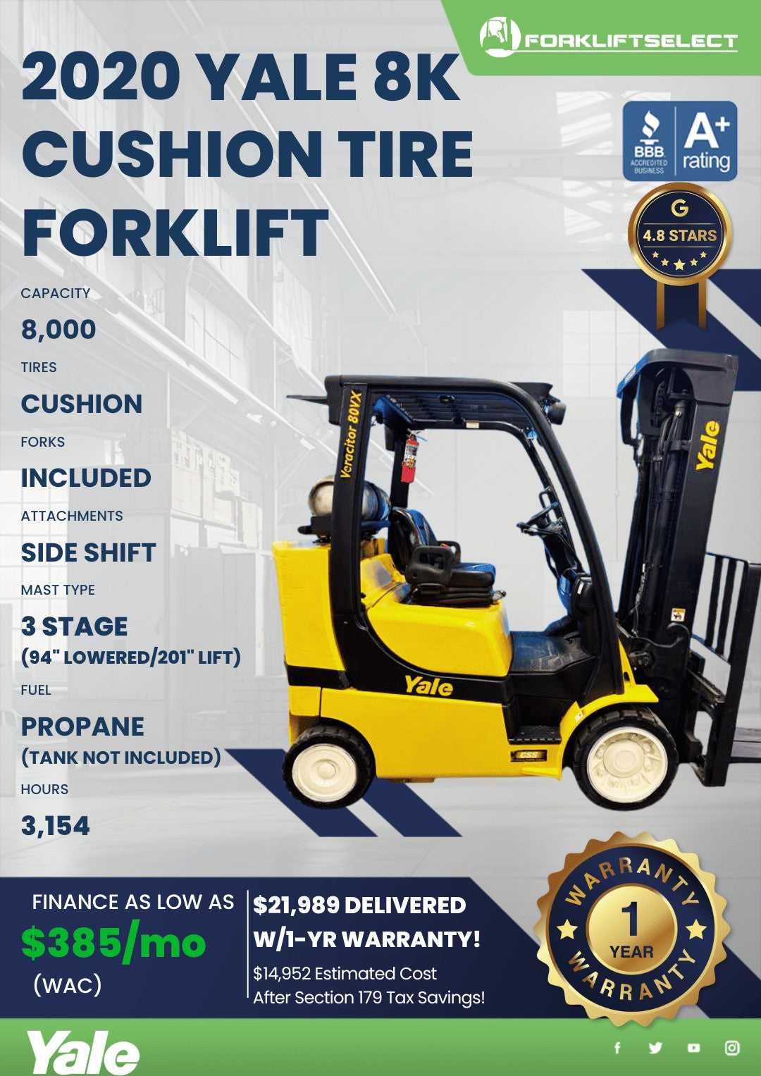 2020 Yale 8K Cushion Tire Forklift