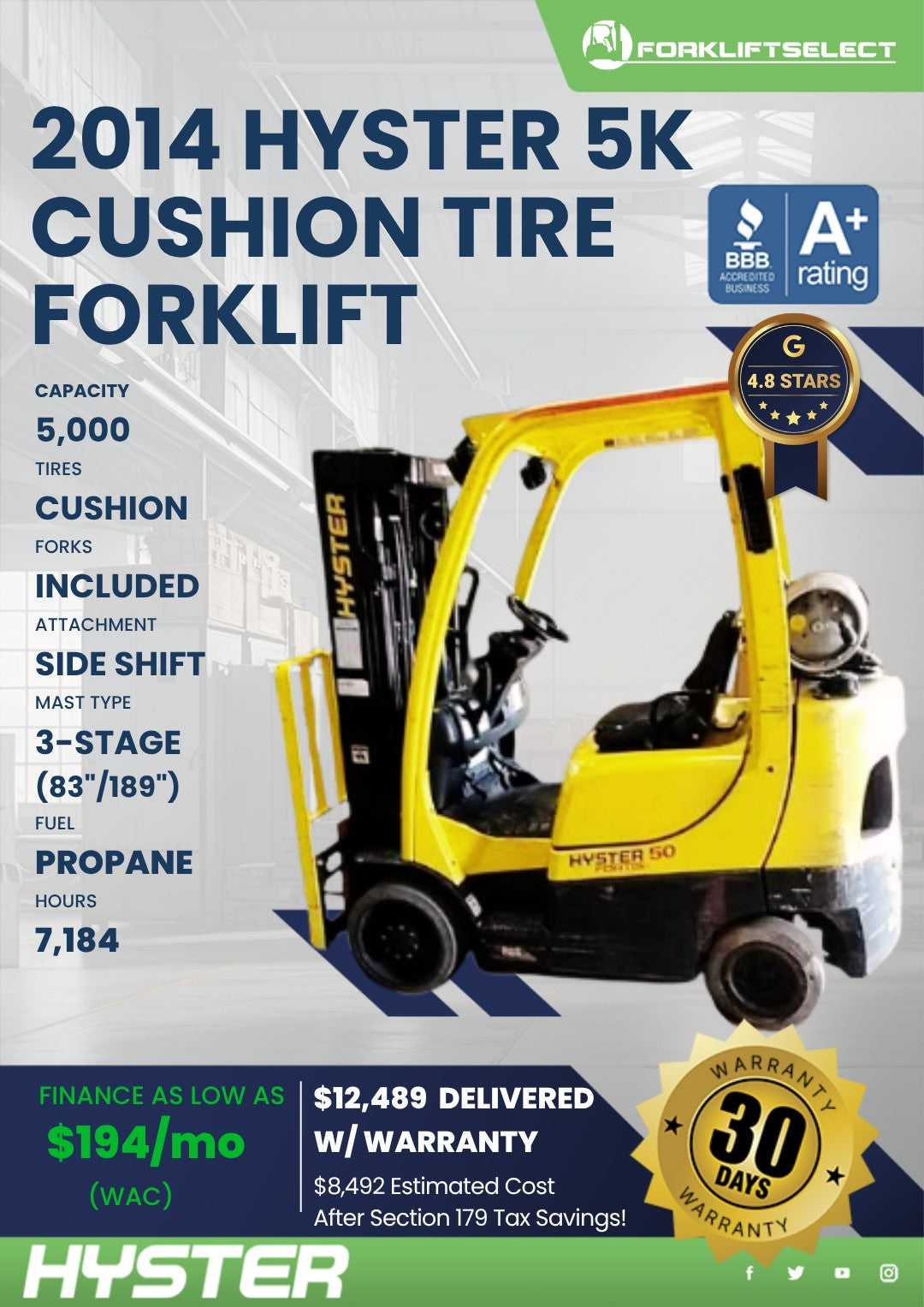 2014 Hyster 5K Cushion Tire Forklif...