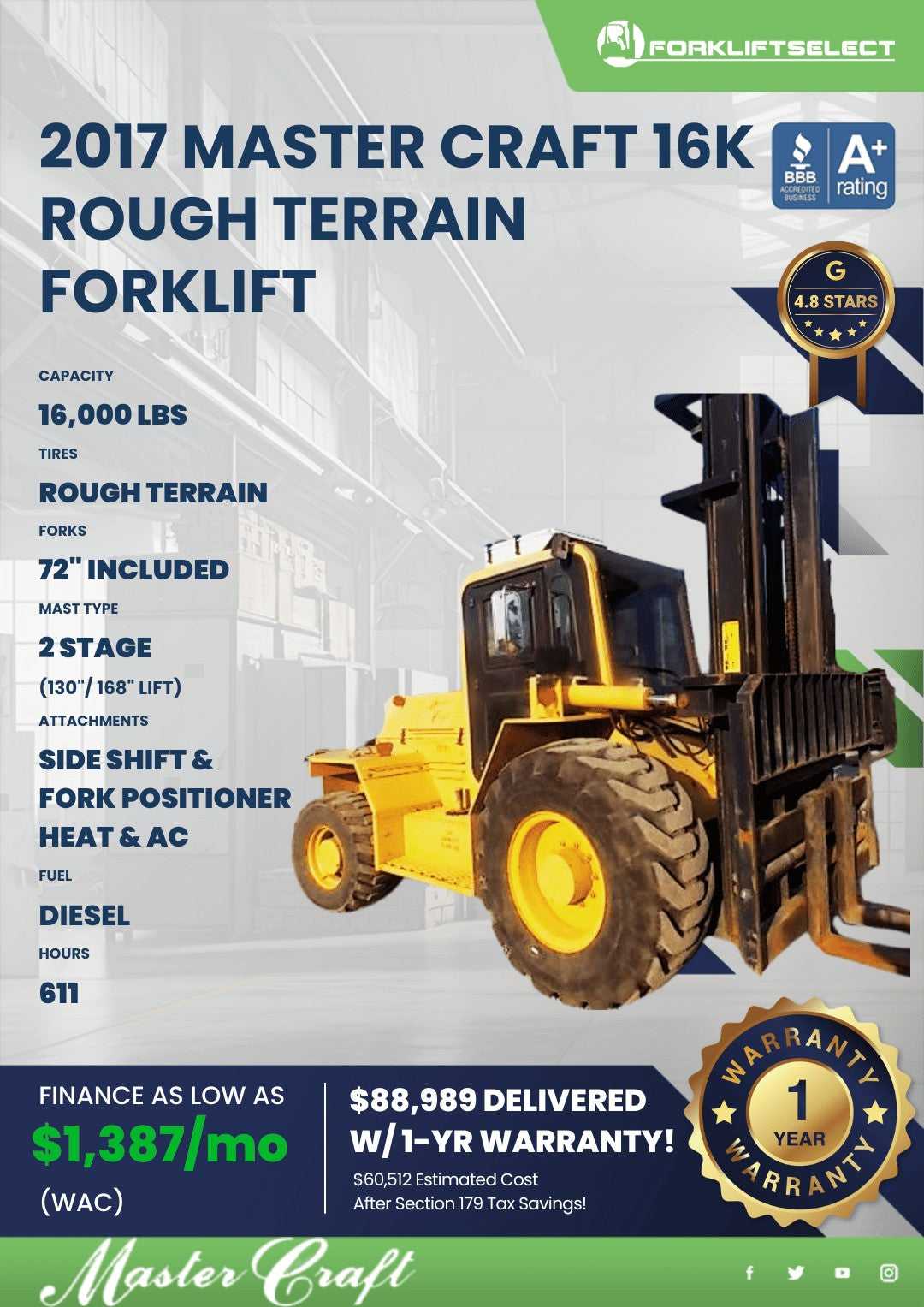 2017 Master Craft 16K Pneumatic Tire Forklift