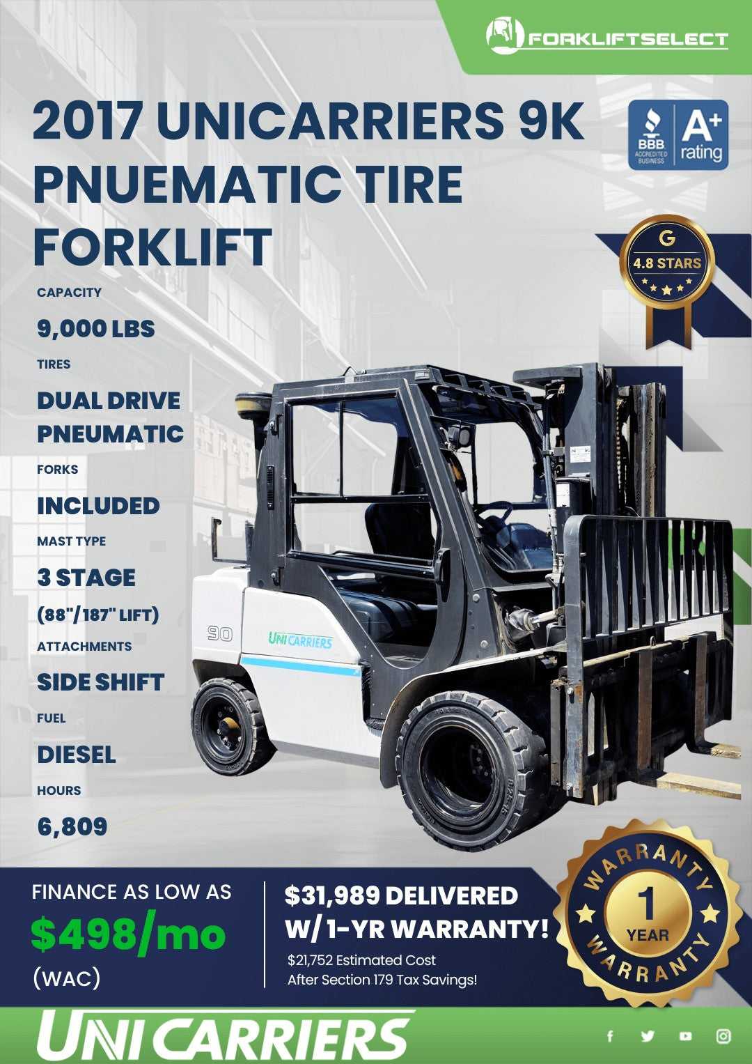 2017 UniCarriers 9K Pneumatic Tire ...