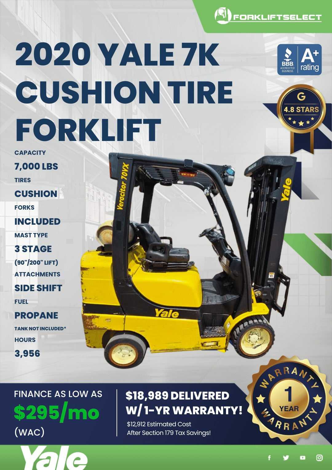 2020 Yale 7K Cushion Tire Forklift