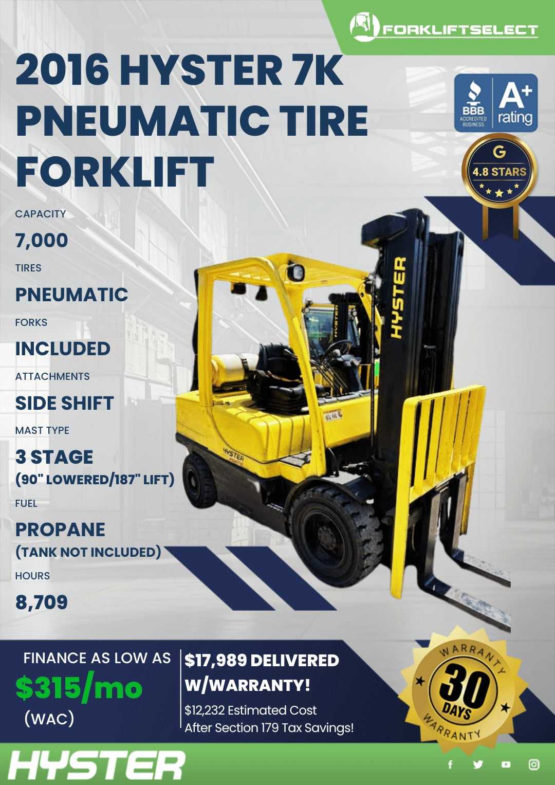 2016 Hyster 7K Pneumatic Tire Forkl...