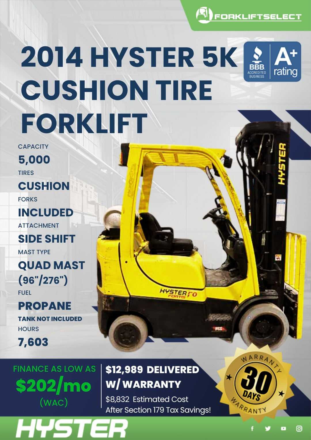 2014 Hyster 5K Cushion Tire Forklif...