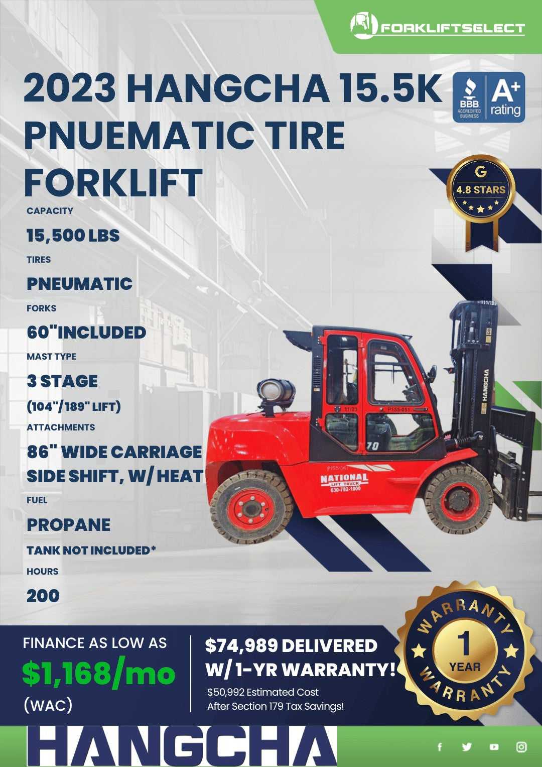 2023 Hangcha 15.5K Pneumatic Tire Forklift