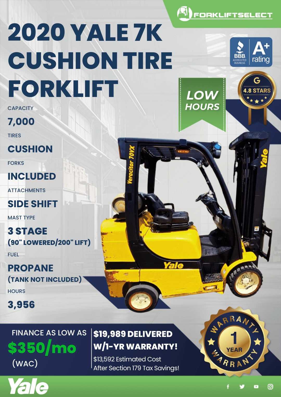 2020 Yale 7K Cushion Tire Forklift