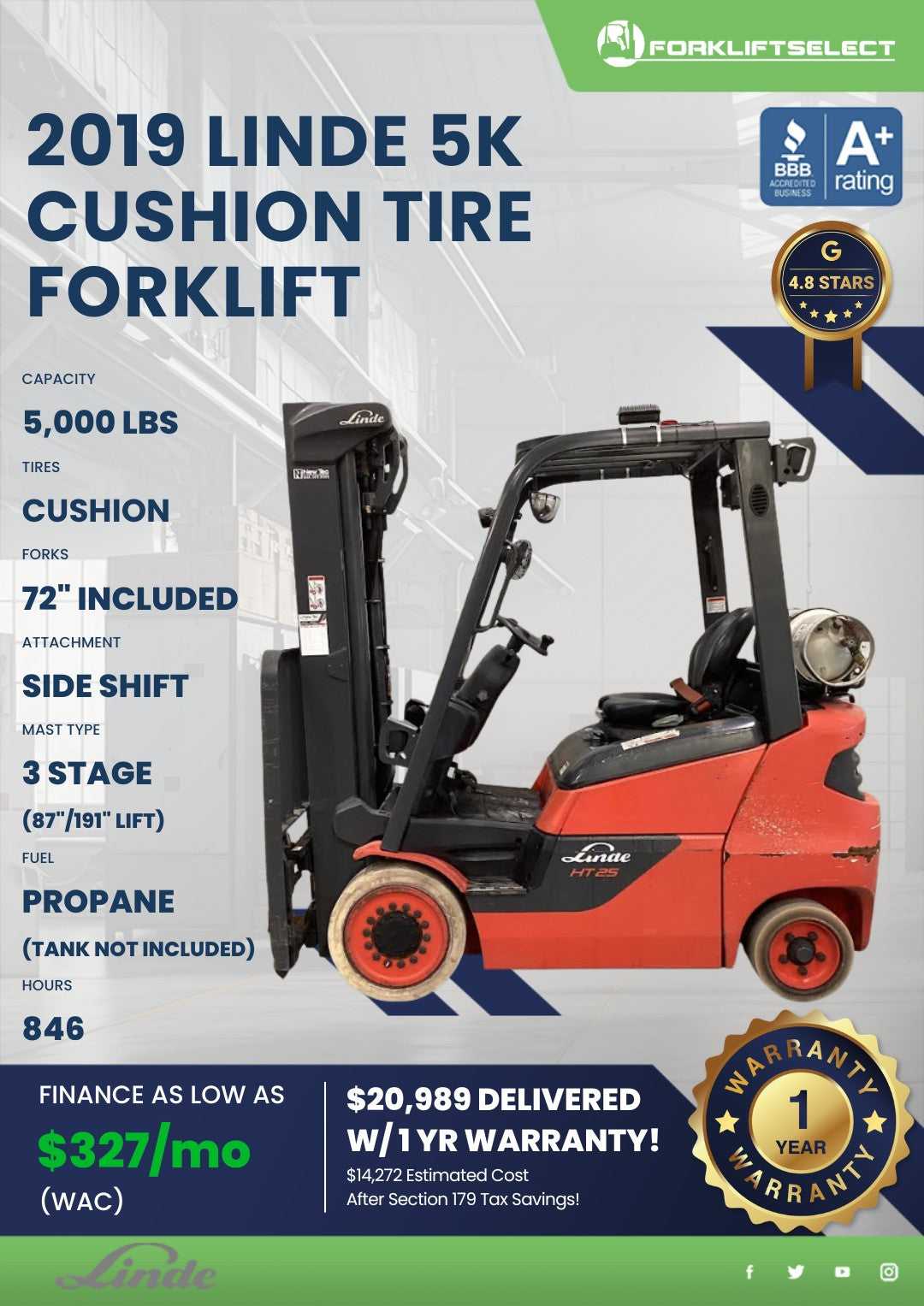 2019 Linde 5K Cushion Tire Forklift...