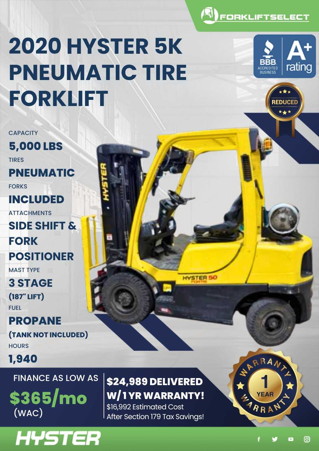 2020 Hyster 5K Pneumatic Tire Forkl...