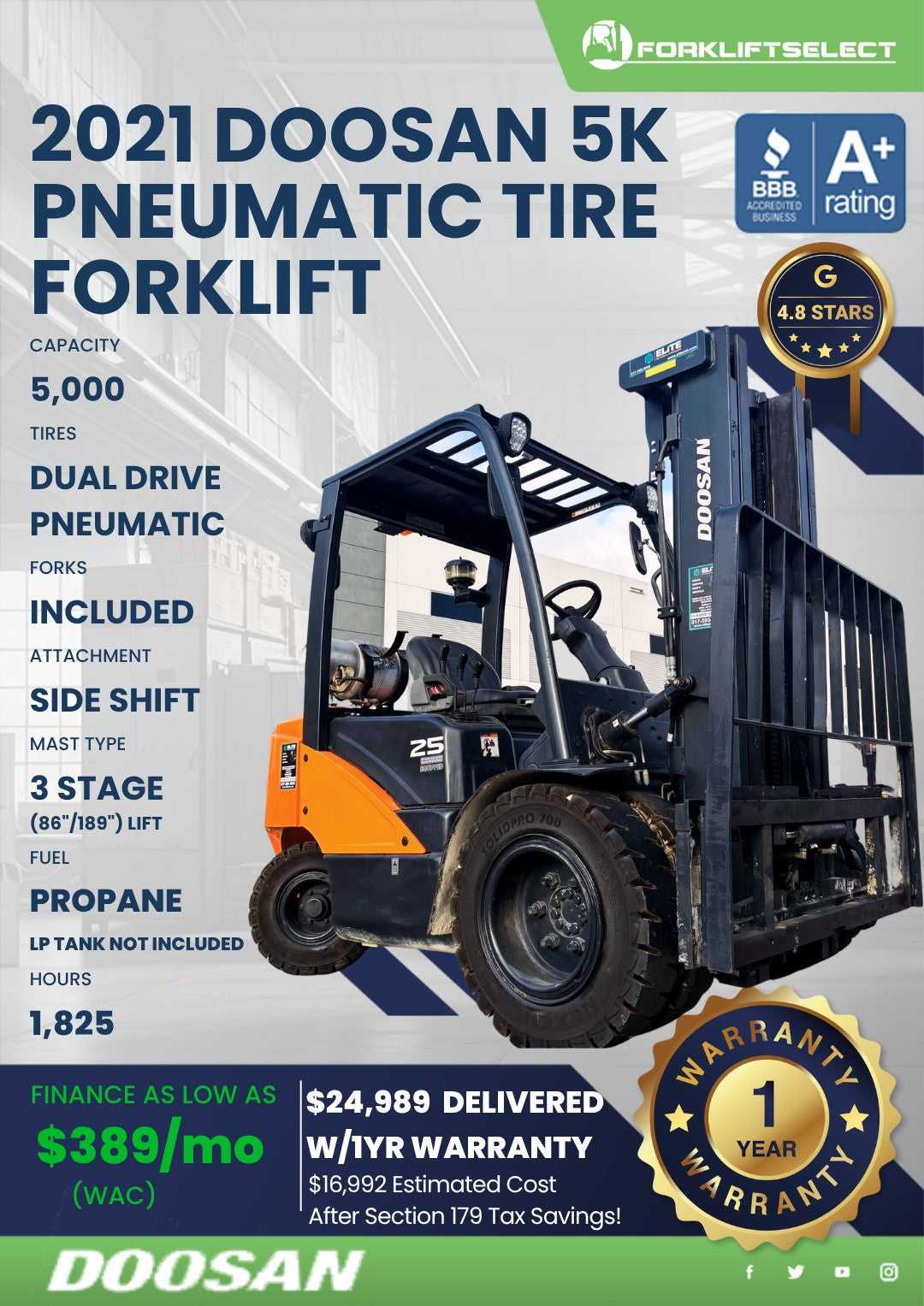 2021 Doosan 5K Pneumatic Tire Forkl...