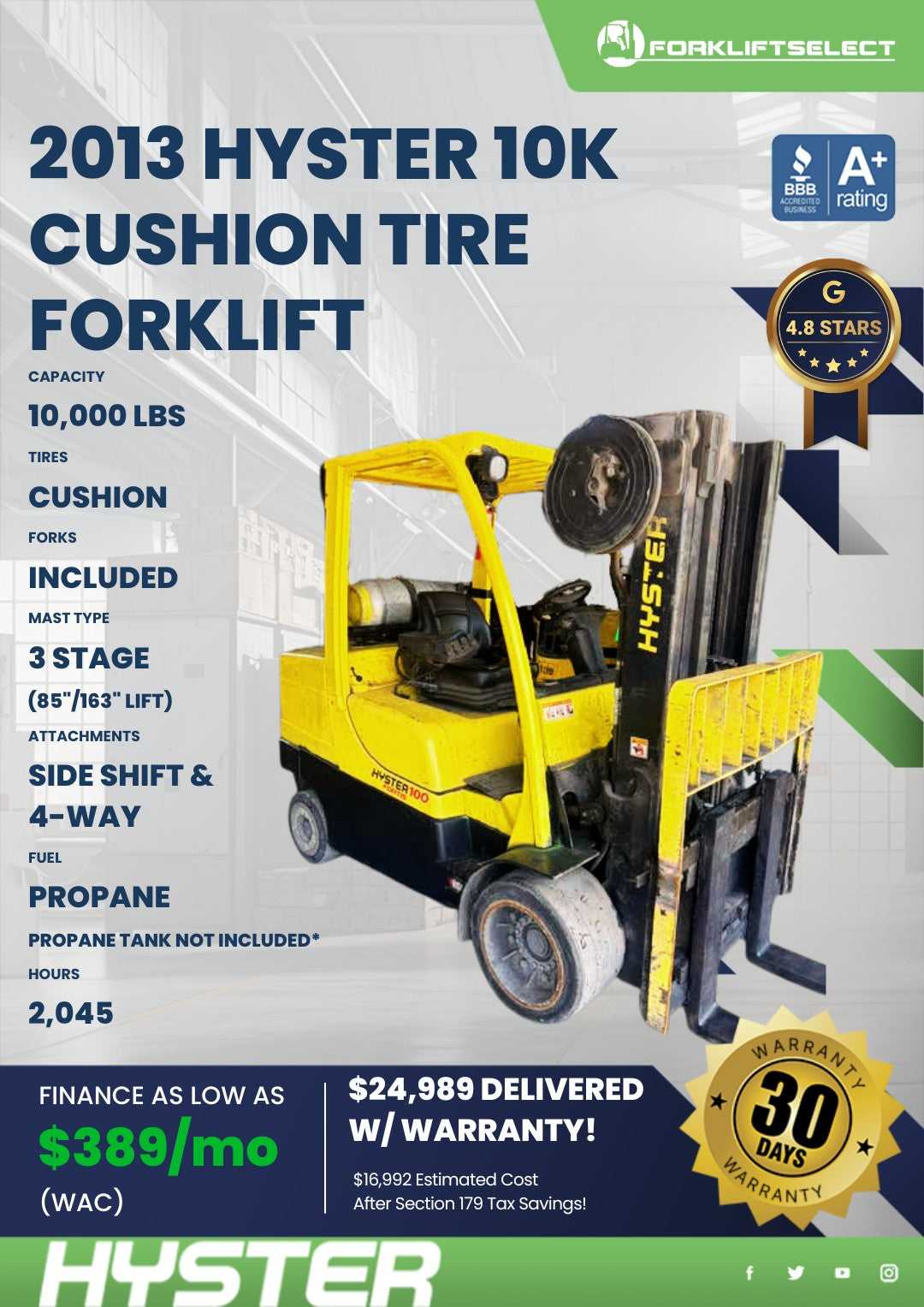 2013 Hyster 10K Cushion Tire Forkli...