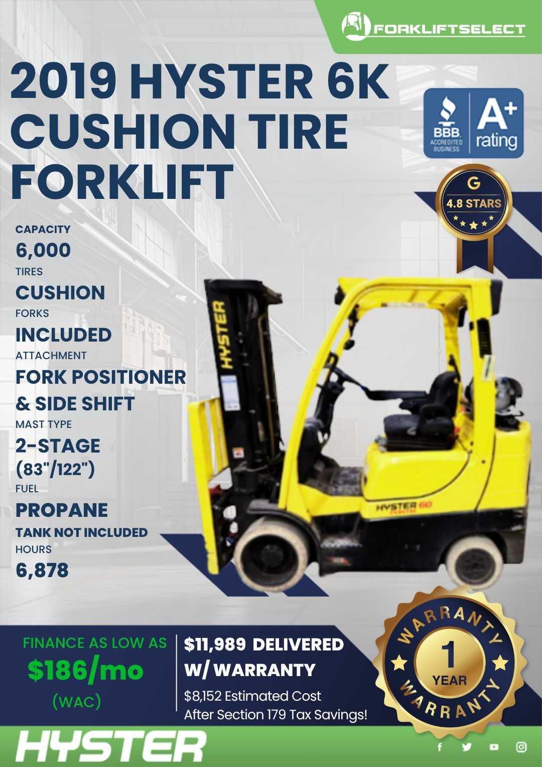 2019 Hyster 6K Cushion Tire Forklif...