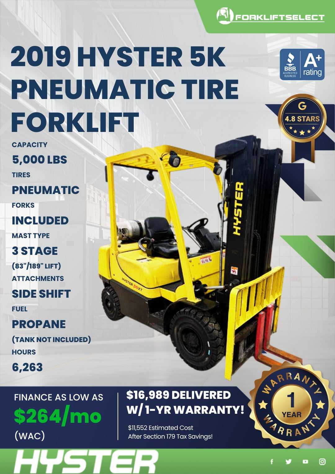 2019 Hyster 5K Pneumatic Tire Forkl...