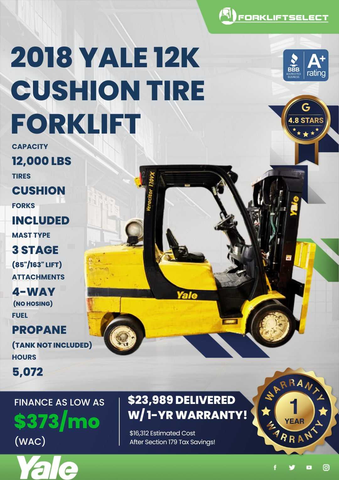 2018 Yale 12K Cushion Tire Forklift...