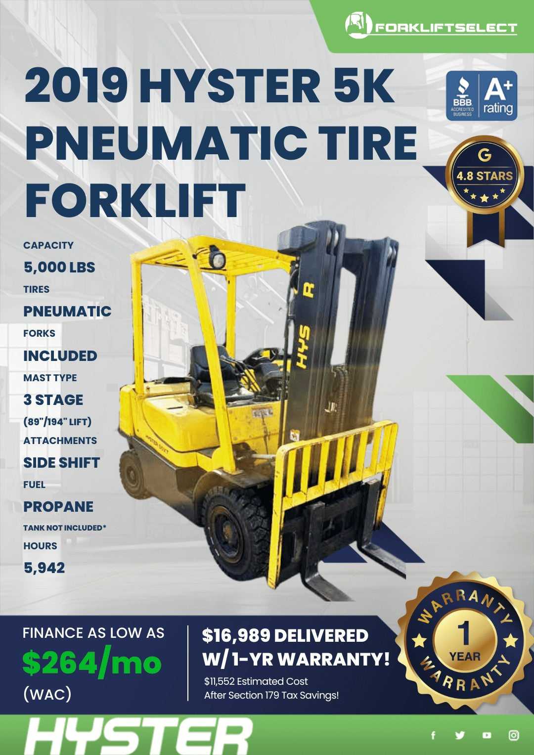 2019 Hyster 5K Pneumatic Tire Forkl...