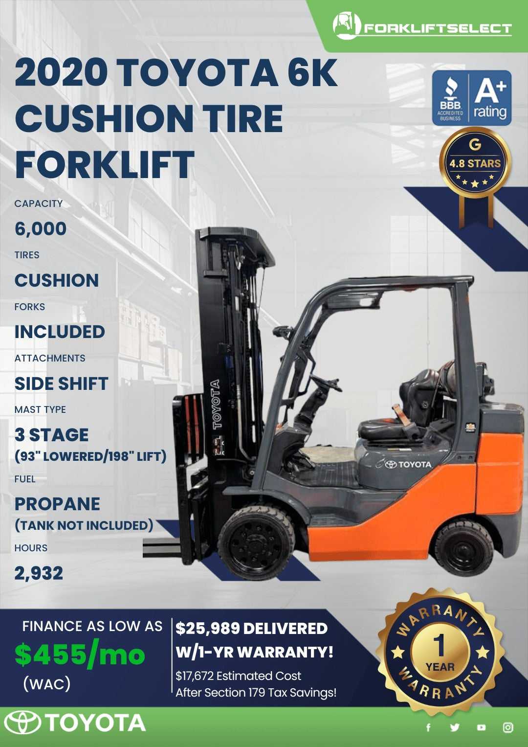2020 Toyota 6K Cushion Tire Forklif...