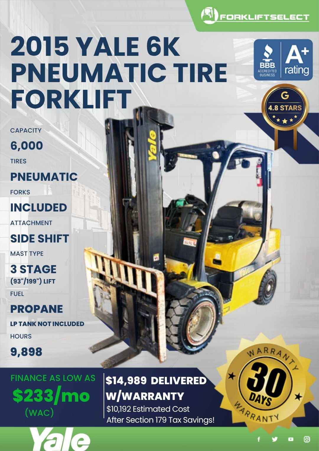 2015 Yale 6K Pneumatic Tire Forklif...