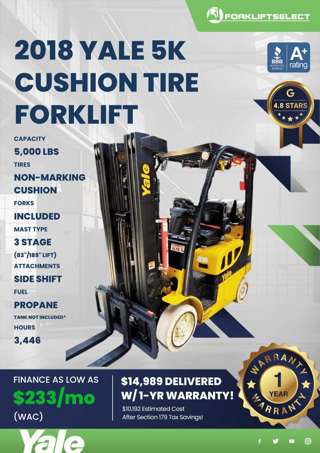 2018 Yale 5K Cushion Tire Forklift