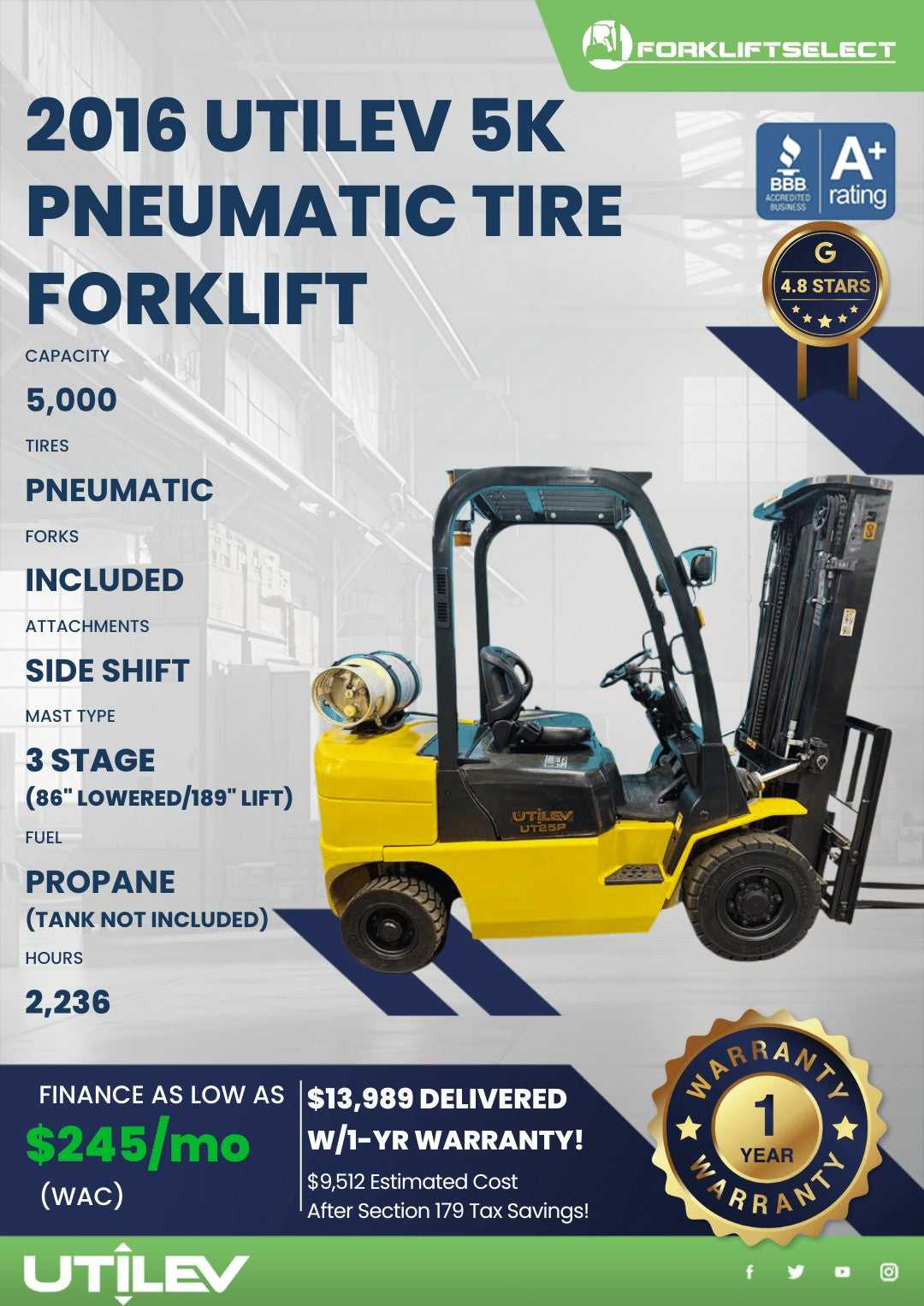 2016 Utilev 5K Pneumatic Tire Forkl...