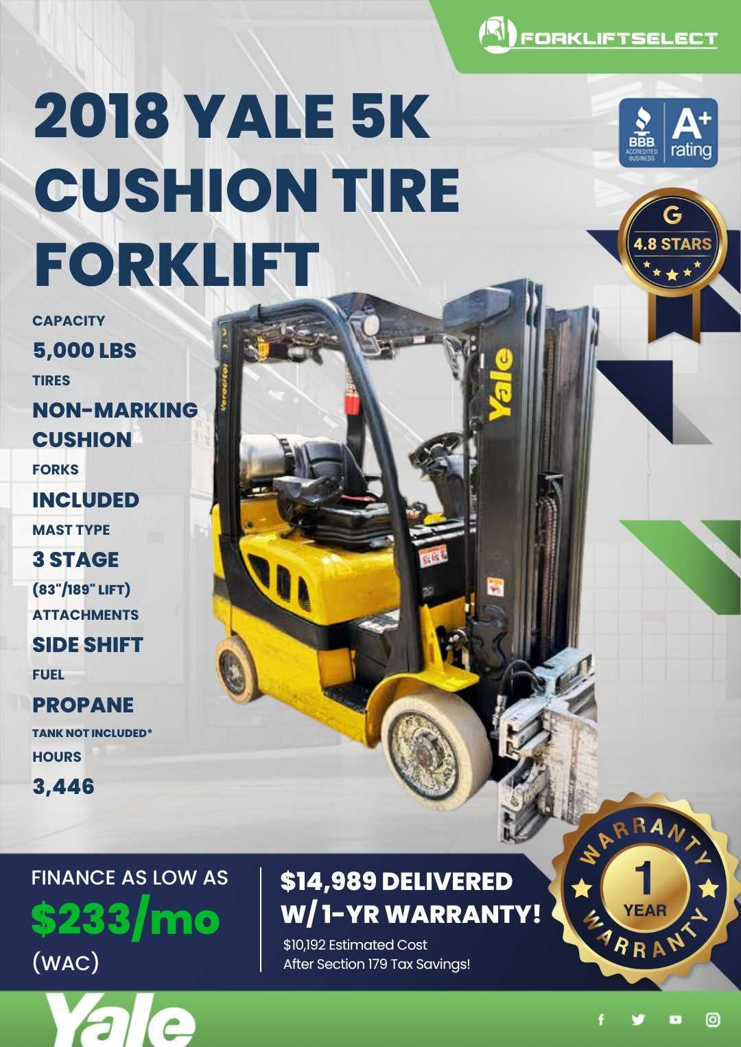 2018 Yale 5K Cushion Tire Forklift