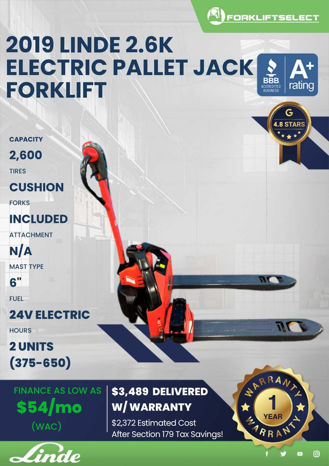 2019 Linde 2.6K Cushion Tire Forkli...