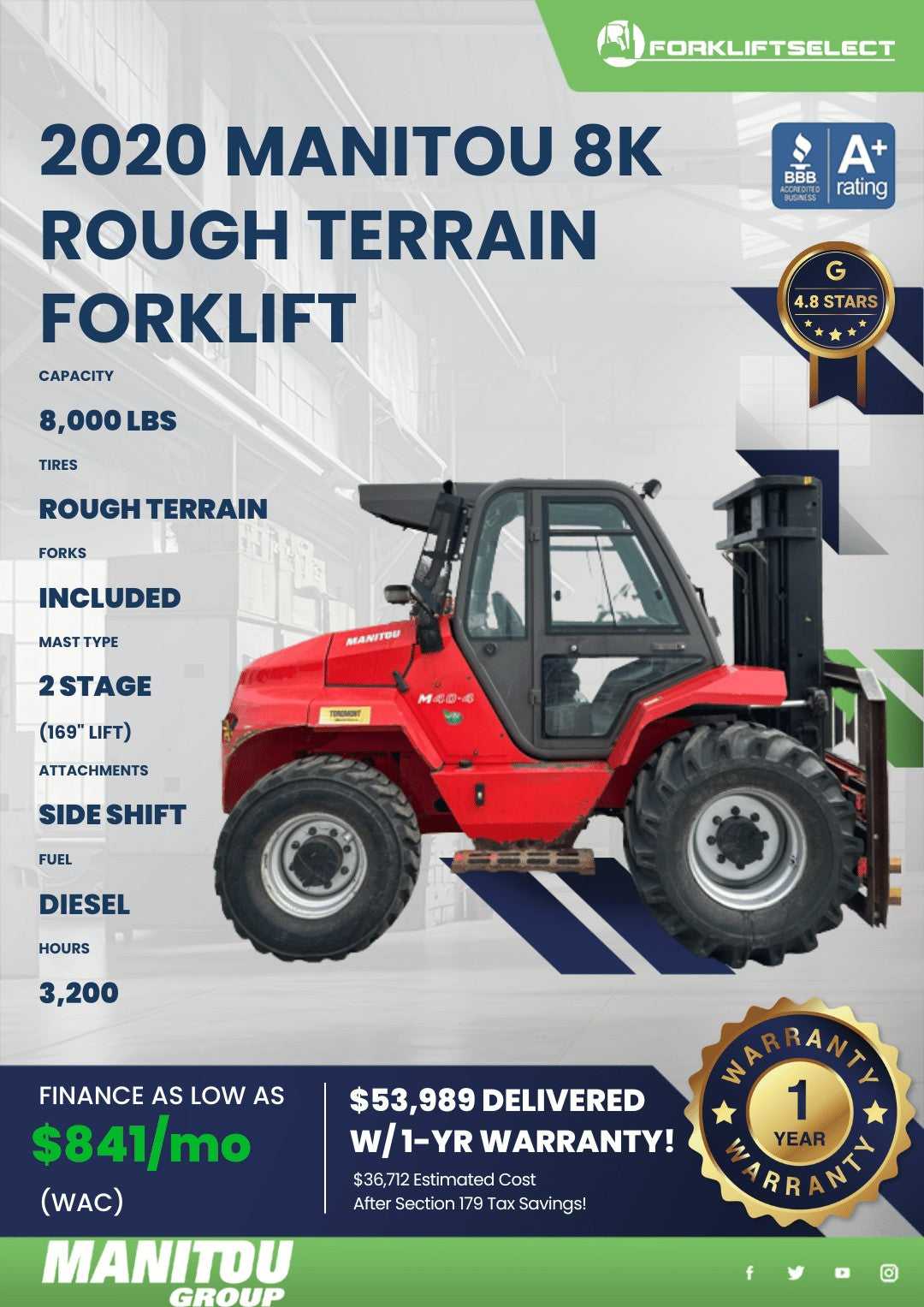 2020 Manitou 8K Pneumatic Tire Forklift
